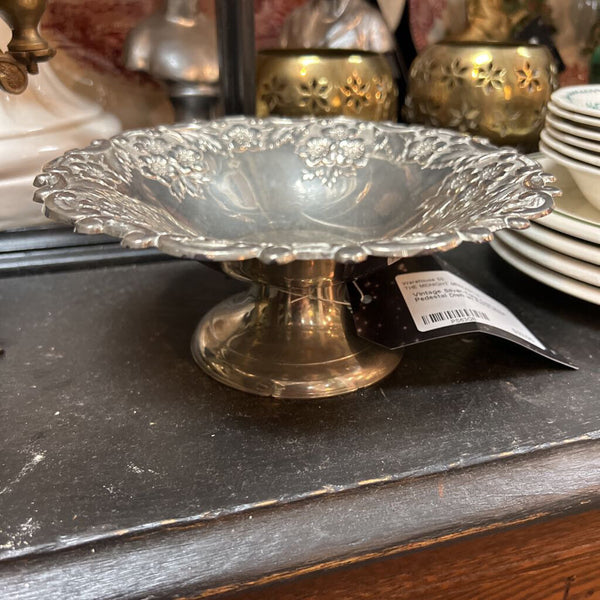 Vintage Silver-Tone Cast Metal Pedestal Dish w/ Floral Motif