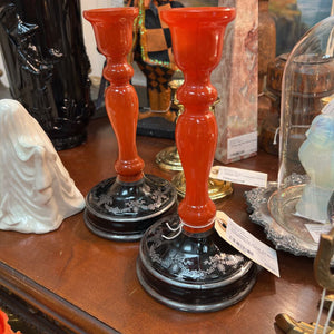 Tiffin Glass Co. Orange and Black Candlesticks/Art Nouveau