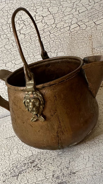 Vintage Shabby Copper Kettle with Brass Lions Head