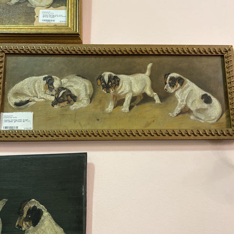 Sunday morning artist, 4 pups with spider, gilt frame, 18x 7 1-2"