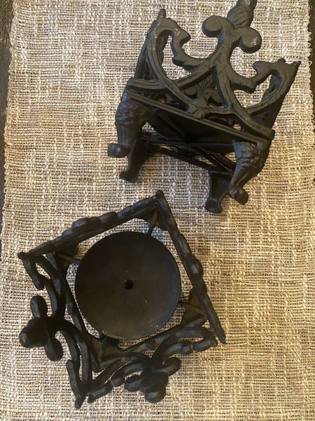 Vintage Pair of Black Iron Candle Holders with Lion Head Feet