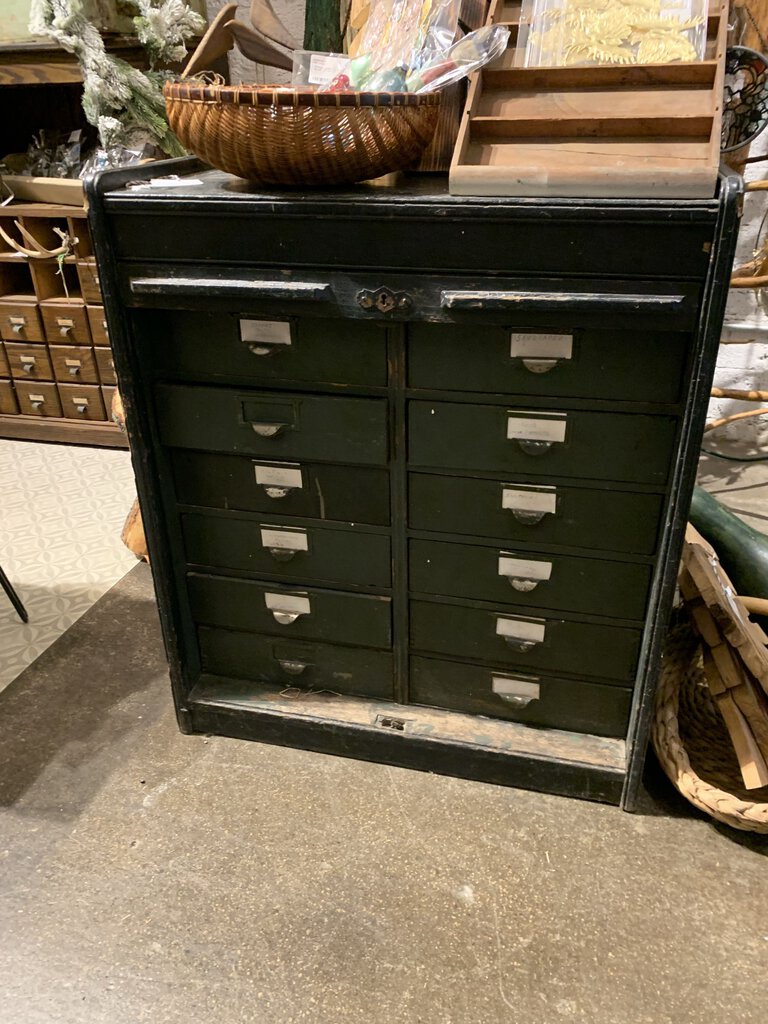 Vintage File Cabinet- 12 Drawers- Black & Green Old Paint- 28" w x 33" t x 16" d - Pick up in Store