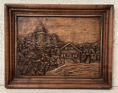 WOOD CARVED CABIN SCENE 13" X 10"