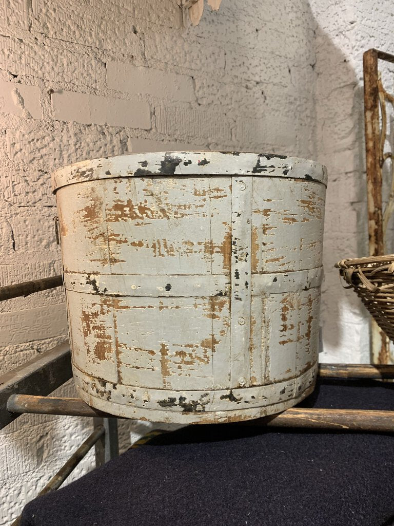 Primitive Gray Paint Wooden Bucket- 12 5/8" d x 9.75" t
