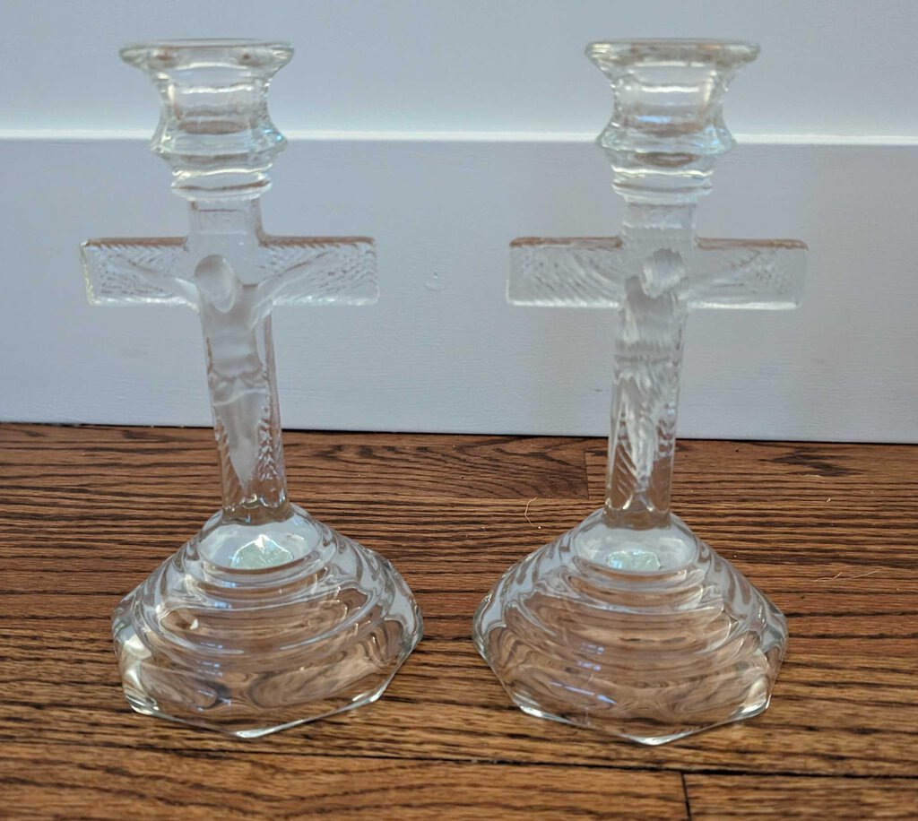Vintage Religious Glass Candlesticks - Pair