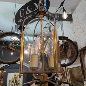 Vintage Brass Pendant Light Fixture with etched Glass Sides 6x12 inches IN STORE PICKUP ONLY