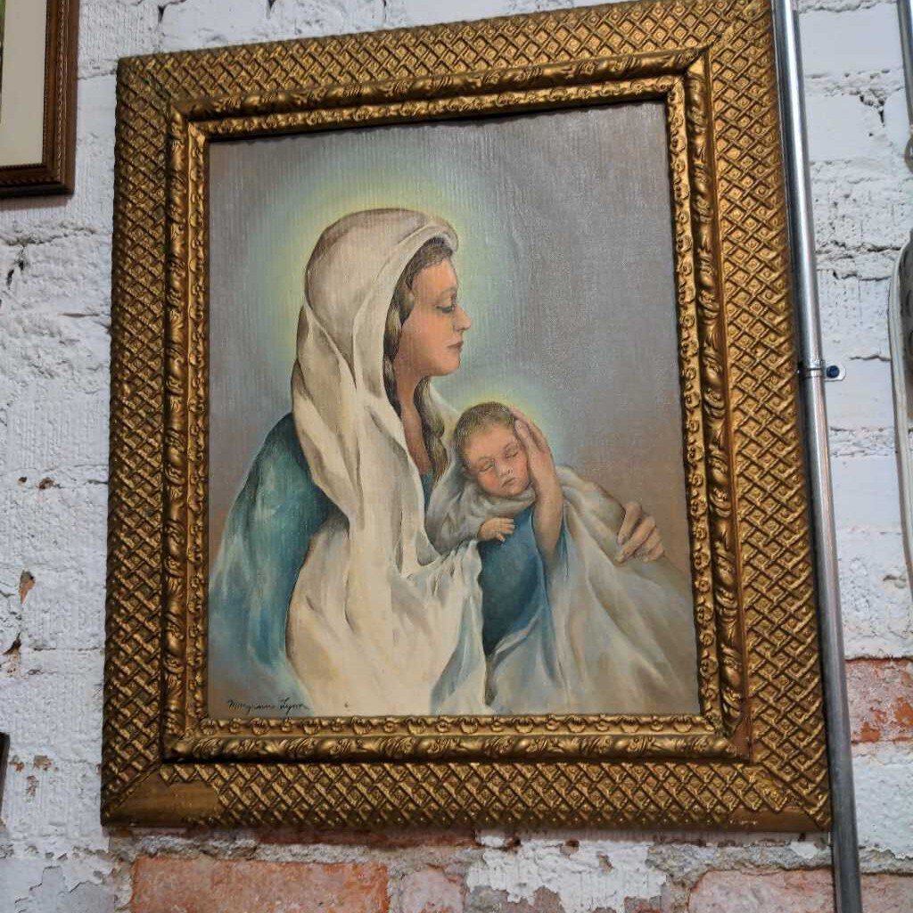 Pretty Vintage Signed Oil Painting of Mary and Jesus in Old Gold Frame 23x26. IN STORE PICK UP ONLY
