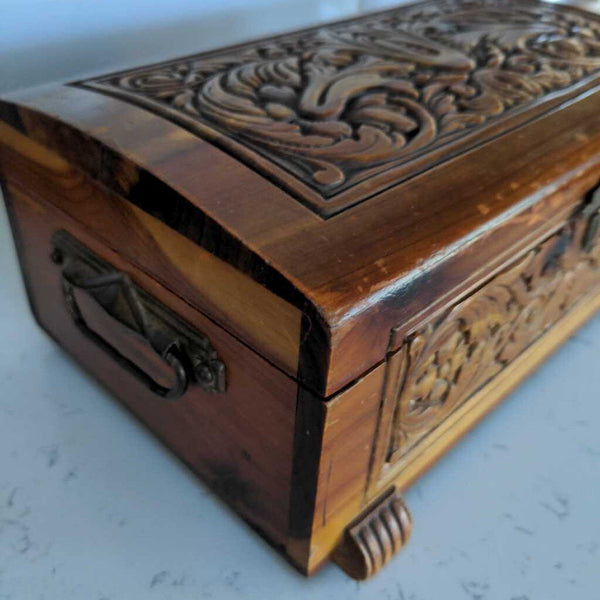 Beautiful Carved Wood Vintage Box with Cedar Lining and Brass Handles 11x7 w/