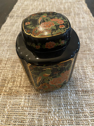Black Porcelain Peacock Ginger Jar Tea Caddy With Lid Japan