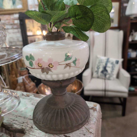 Vintage Glass and Hand painted Oil Lamp Base 7x8 IN STORE PICKUP ONLY